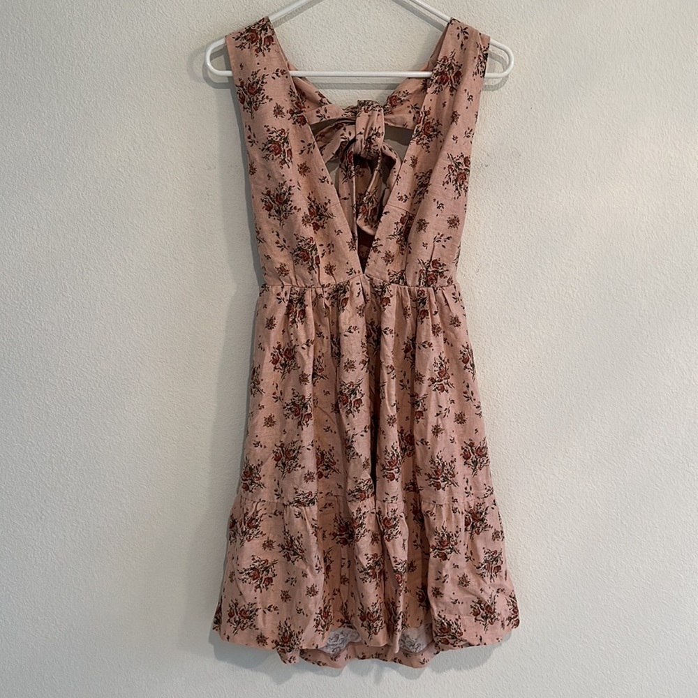 House Of Harlow Linen Blend V-Neck Floral Bow Back Mini Dress